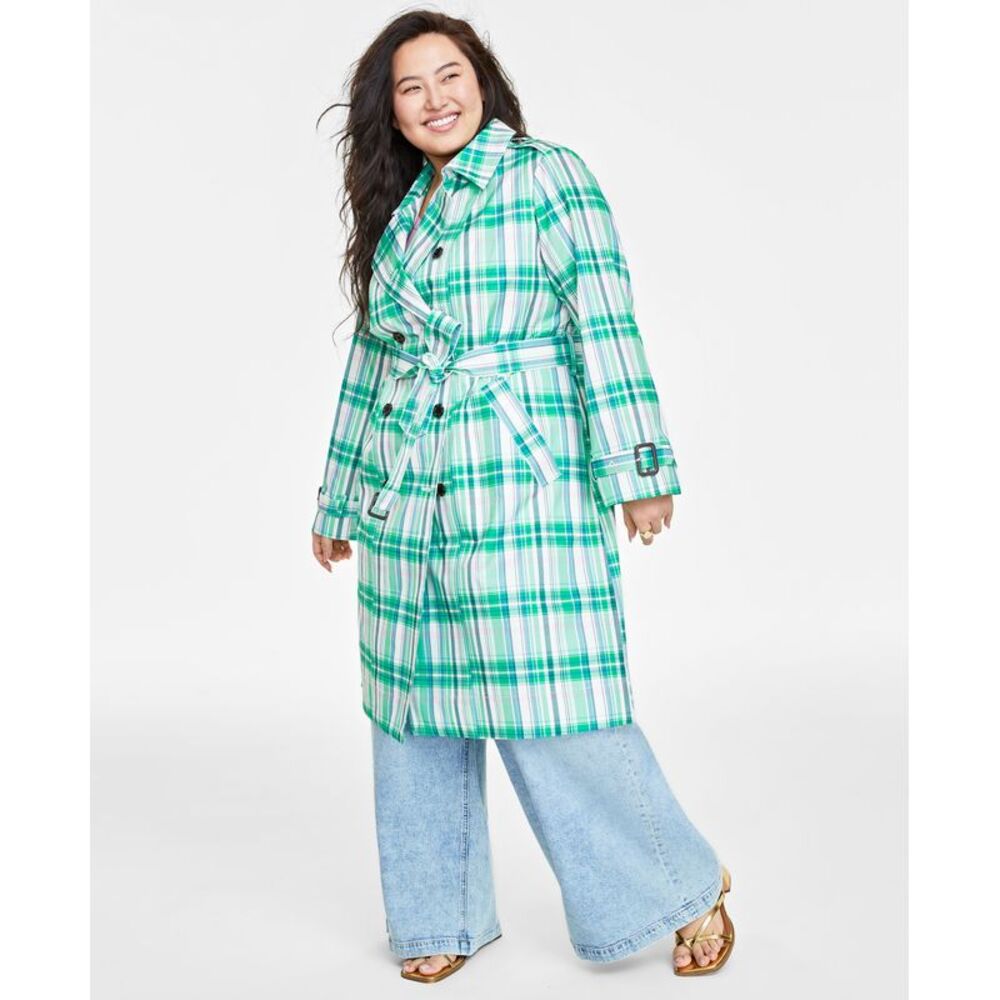 On 34th Plus Size Plaid Double-Breasted Trench Coat